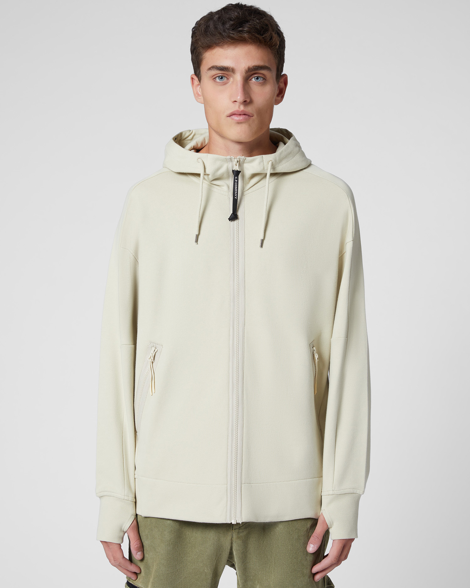 white cp company goggle hoodie