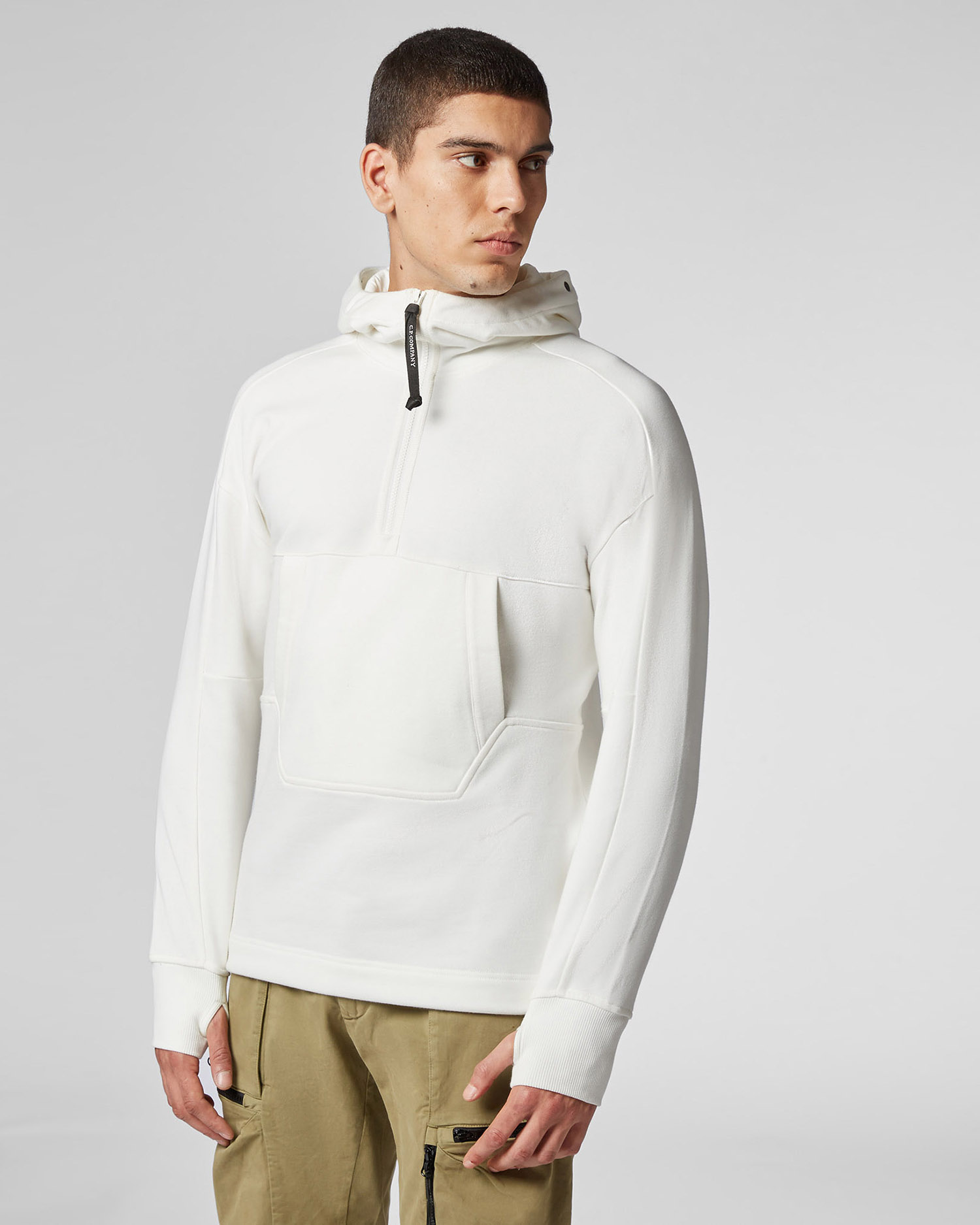 white cp company goggle hoodie