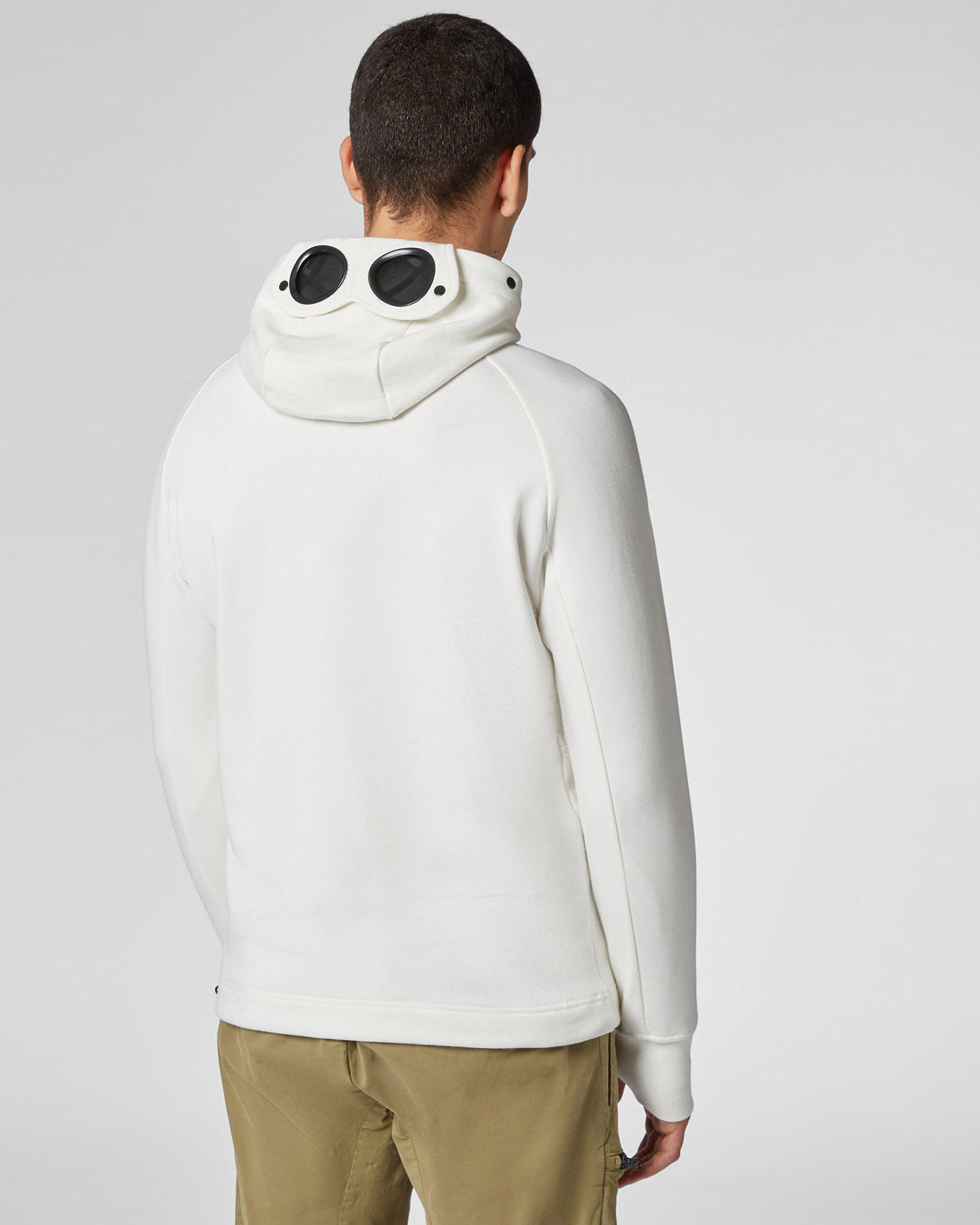 white cp company goggle hoodie