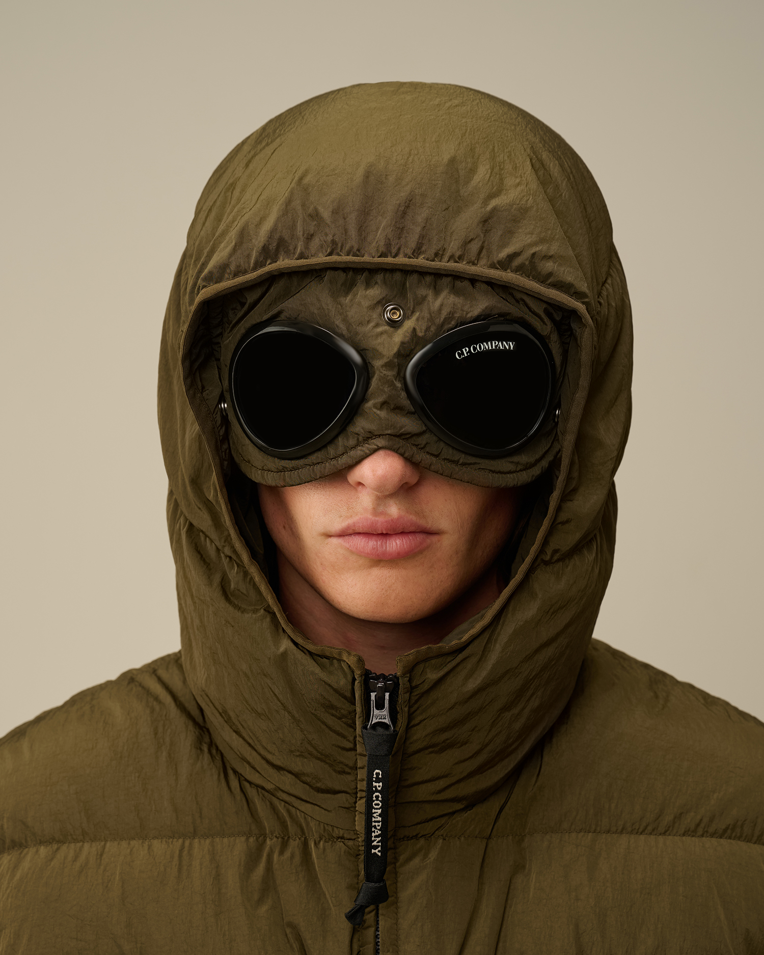 Puffer jacket with goggles best sale