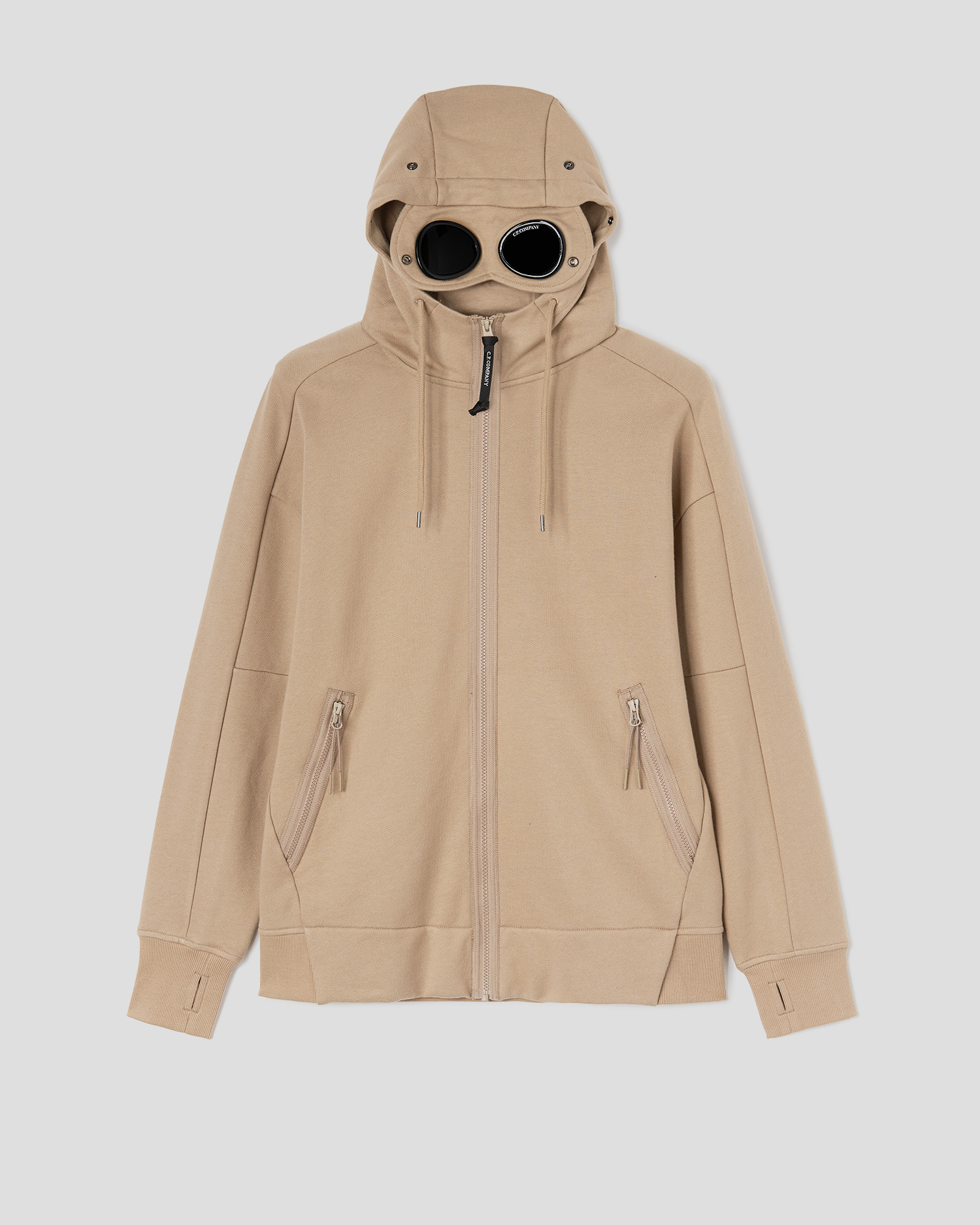 white cp company goggle hoodie